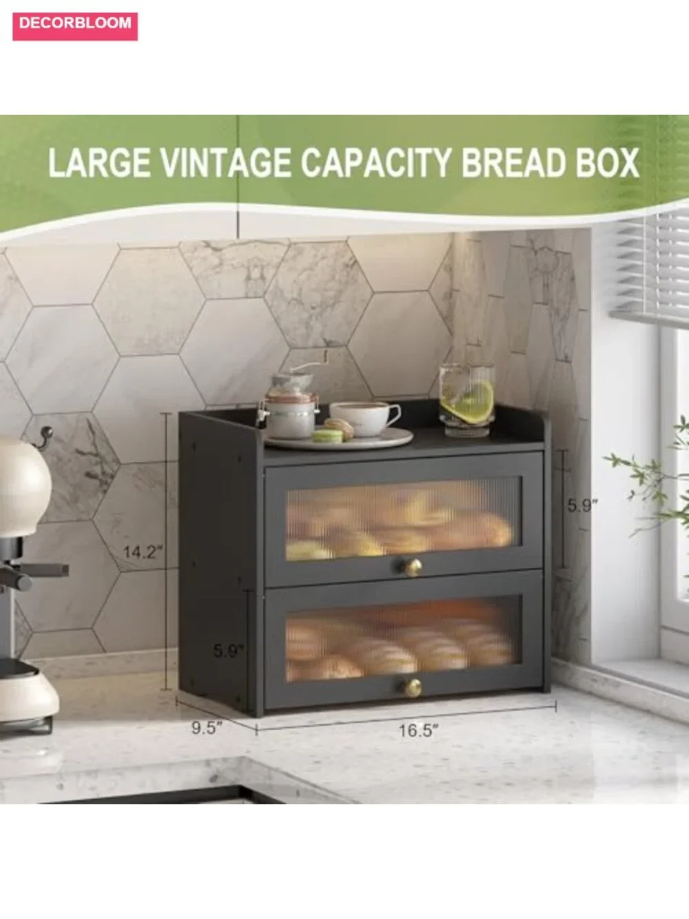 Large Vintage Bamboo Bread Box for Kitchen Countertop with Magnetic Latch